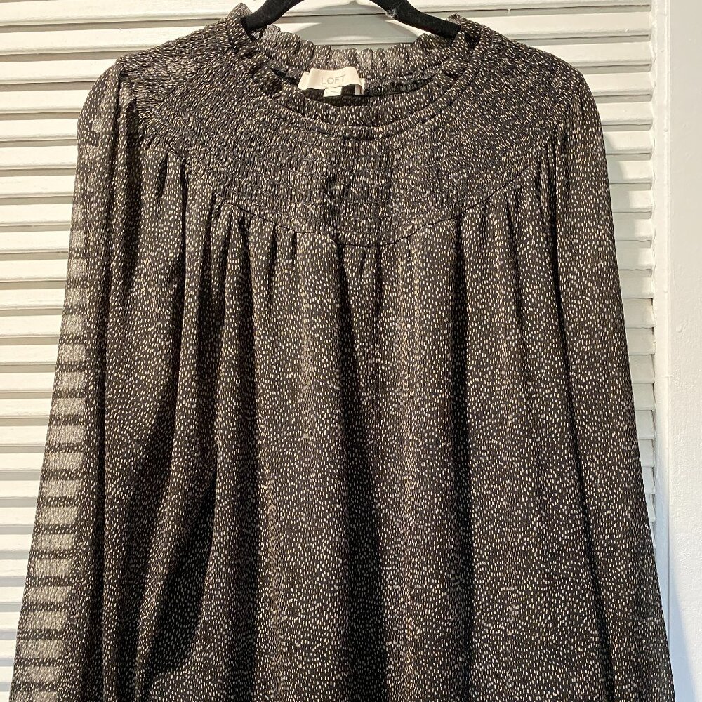 LOFT Black and Gold print ruffle trim collar long sleeve blouse